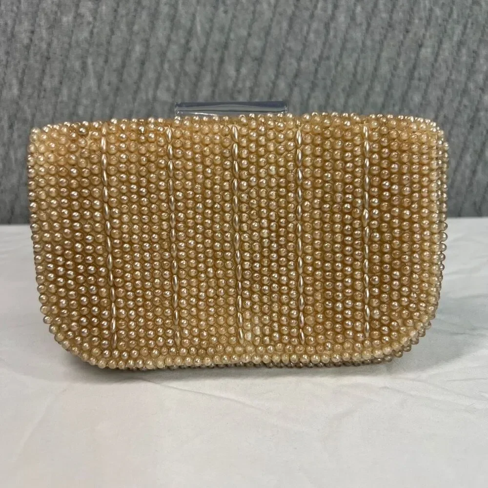 Vintage 50s Beaded Pearl Beaded Clutch Purse with Comb Japan Evening Bag‎
